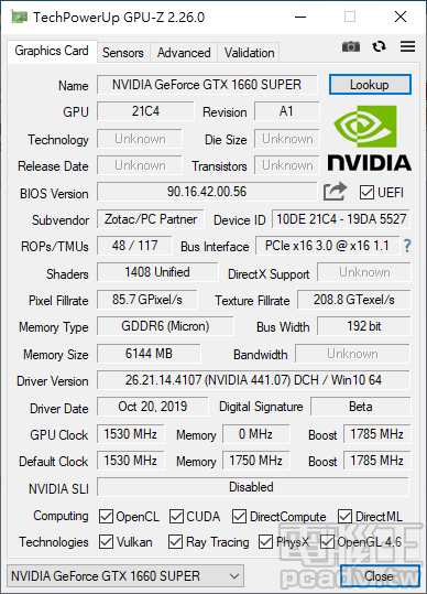 ▲ GPU-Z 2.26.0 版本認得 Gaming GeForce GTX 1660 Super 6GB 的資料有限，但可以看出 GPU 時脈採用官方規格設定。