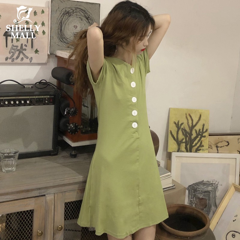 [希希家] 連衣裙 短袖連衣裙 韓版修身顯瘦百搭復古收腰V領單排扣短袖A字裙 時尚素色中長款連衣裙 百搭裙子 女生衣著