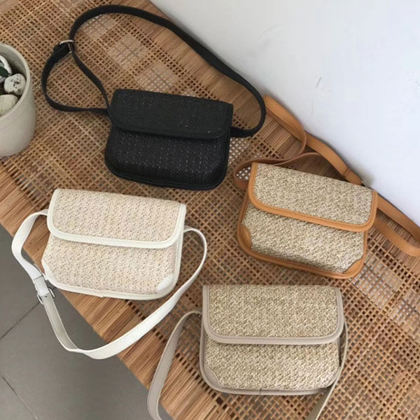 正韓 皮革滾邊 草編包 編織包 拼接 皮革 腰包 斜跨包 斜挎 側背包 包包 小包 兩用包 韓國 NXS