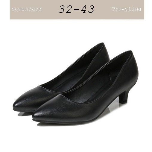 大尺碼女鞋小尺碼女鞋尖頭素面舒適低跟鞋中跟鞋櫃姐OL上班鞋細跟黑色(32-43)現貨#七日旅行
