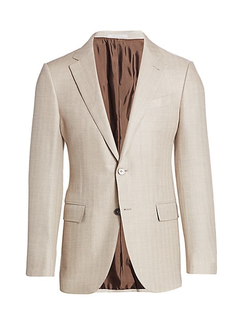 A tonal chevron weave lends subtle texture to this tailored blazer.; Notched lapels; Long sleeves; B