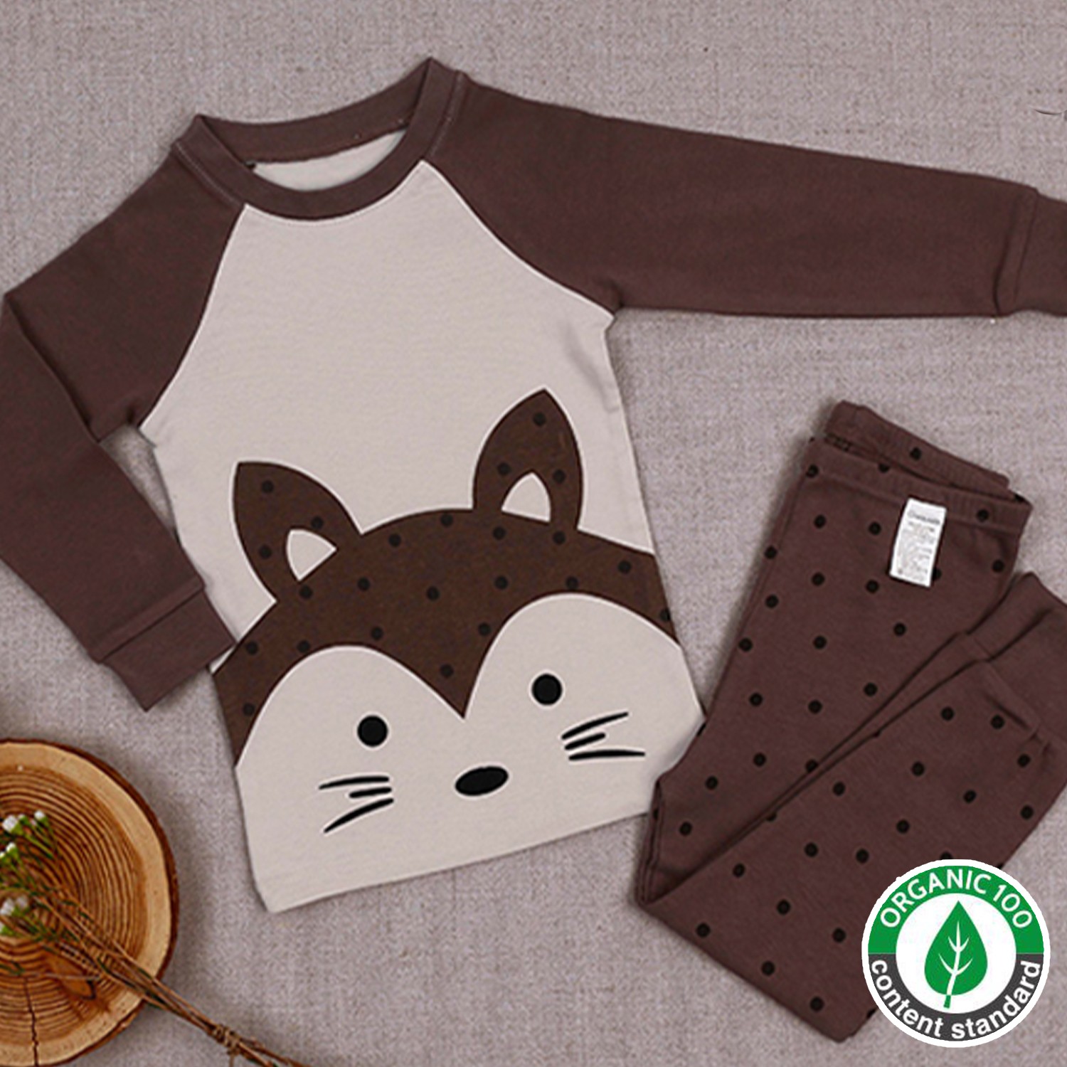 韓國 Maykids - 30支有機棉長袖家居服-棕色浣熊