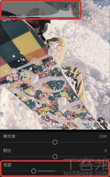 4.從色階表上評估，可以發現「白色」區域主要落在「亮部」右方，代表白色負責的區域範圍比亮部區來得更亮，這時可向左推移亮部，適度拉回過曝區。