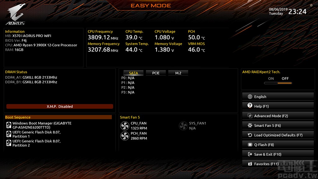 ▲ X570 I AORUS Pro WiFi 預設進入 Easy Mode，按下鍵盤 F2 即可進入 Advanced Mode，且自動記憶玩家最後使用的介面版本，下次進入時即可自動切換。