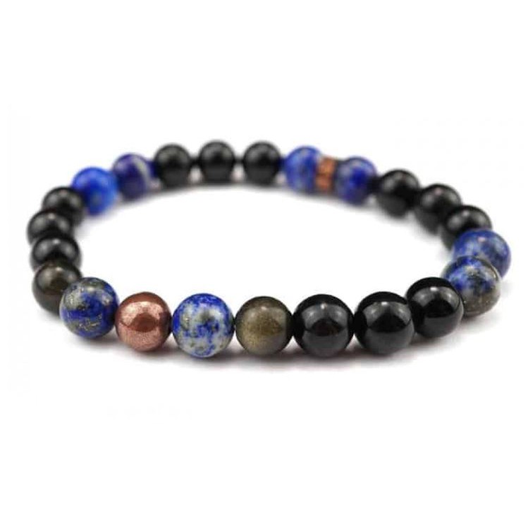 新守護手環※ Crystal：黑碧璽，砂金黑曜石，青金石，銅珠※ Energies: 抵擋負面能量，幫助釋放負面情緒全新的守護手環。由黑碧璽，砂金黑曜石與青金石的強大能量，為您帶來神聖守護！我們每天都