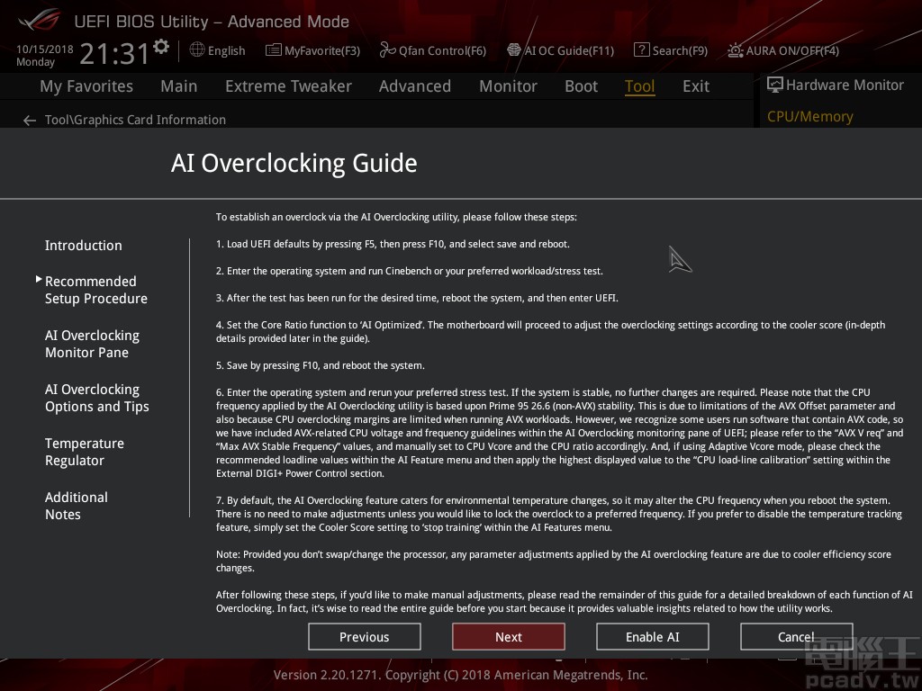 按下 F11 鍵呼叫 AI Overclocking 功能說明，但該說明尚未完整翻譯成中文版，即便將介面調整為正體中文依舊以英文呈現