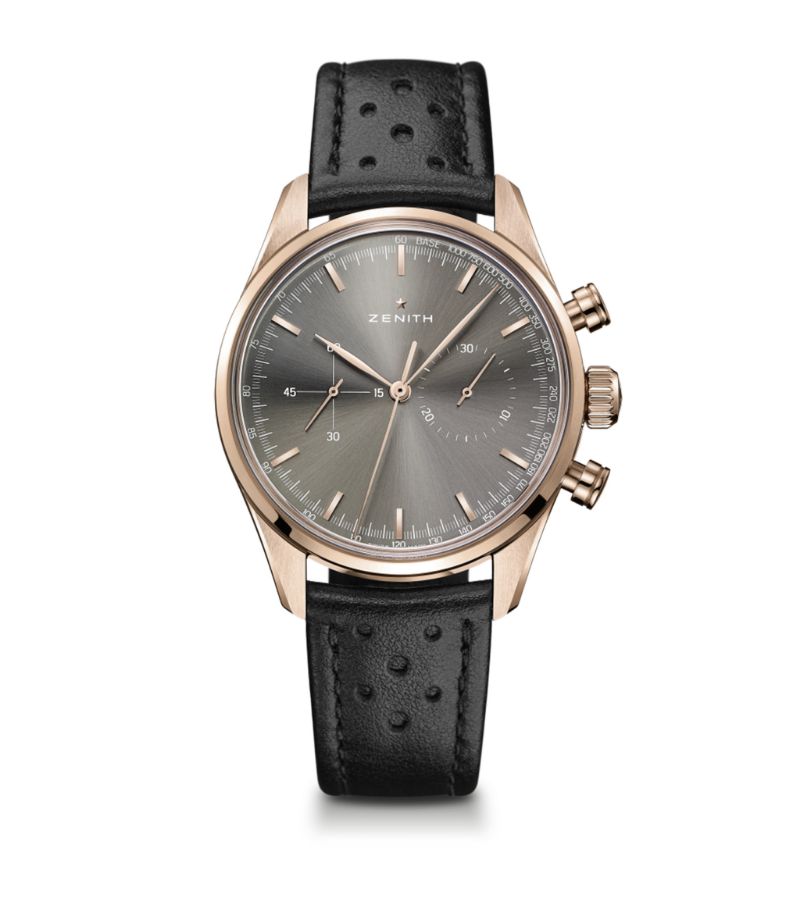 This elegant timepiece from Zenith is fitted with a stylish perforated leather strap and trulycaptures the innovative ethos of the Swiss brand. Encased in 18-karat rose gold, the watch boasts a sleek, pared-back face with two sub-dials. Powered by an automatic movement, this timepiece is a classic yet stylishly contemporary addition to any collection.
