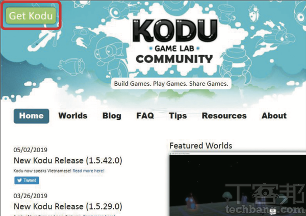 1.首先開啟Kodu Game Lab網站，點選左上角的「Get Kodu」綠色按鈕。