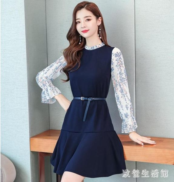 假兩件連衣裙拼接中長款裙女長袖2019秋裝新款碎花小個子收腰顯瘦