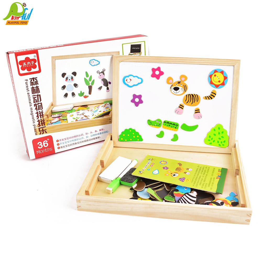 ★ 白板、黑板雙畫板★ 磁性拼圖自由拼裝可愛的圖畫★ 畫板角度可多段調整適用年齡：3歲以上包裝方式：盒裝包裝尺寸：31*23*4( cm )實物尺寸：30*23*3( cm )總重量：0.6( kg 