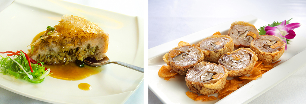 芋泥香酥鴨(左)外皮酥軟，入口即化 ；幾近失傳的古早八寶丸(右)，外皮酥脆不油不膩，吃得到真材實料，讓人一口接一口。(圖片提供/牡丹園 台灣經典料理)