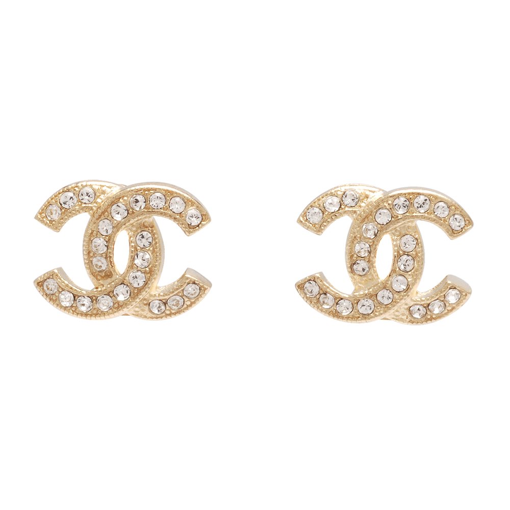 CHANEL 香奈兒經典雙C LOGO 水鑽鑲嵌滾邊壓紋穿式耳環(金)88429-OR