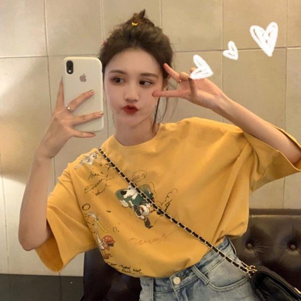 網紅衣服女2019新品春夏裝韓版寬松ins短袖T恤港味百搭黃色上衣潮