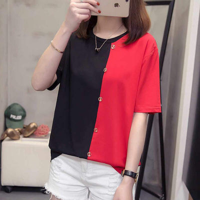 大碼女裝短袖T恤2019夏季新款純棉拼接短袖胖妹妹寬松上衣潮 A8896R26衣人有約