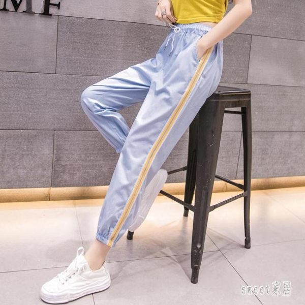 薄款天絲牛仔褲女2019新款條紋拼接休閒九分褲學生束腳哈倫褲夏季 LR8848【Sweet家居】