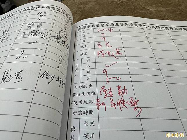 高雄市長陳其邁前往左營警分局慰勤，在簽到簿上把日期寫成「2014」年2月9日。(記者許麗娟攝)