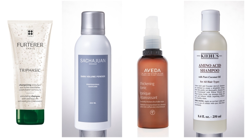 Rene Furterer 三項森髮激活髮浴，NT1,380。／Sachajuan 專業豐盈彈力粉霧，NT970。／Aveda 花植豐厚造型霧，NT1,200。／Kiehl’s 胺基酸洗髮精，NT840。