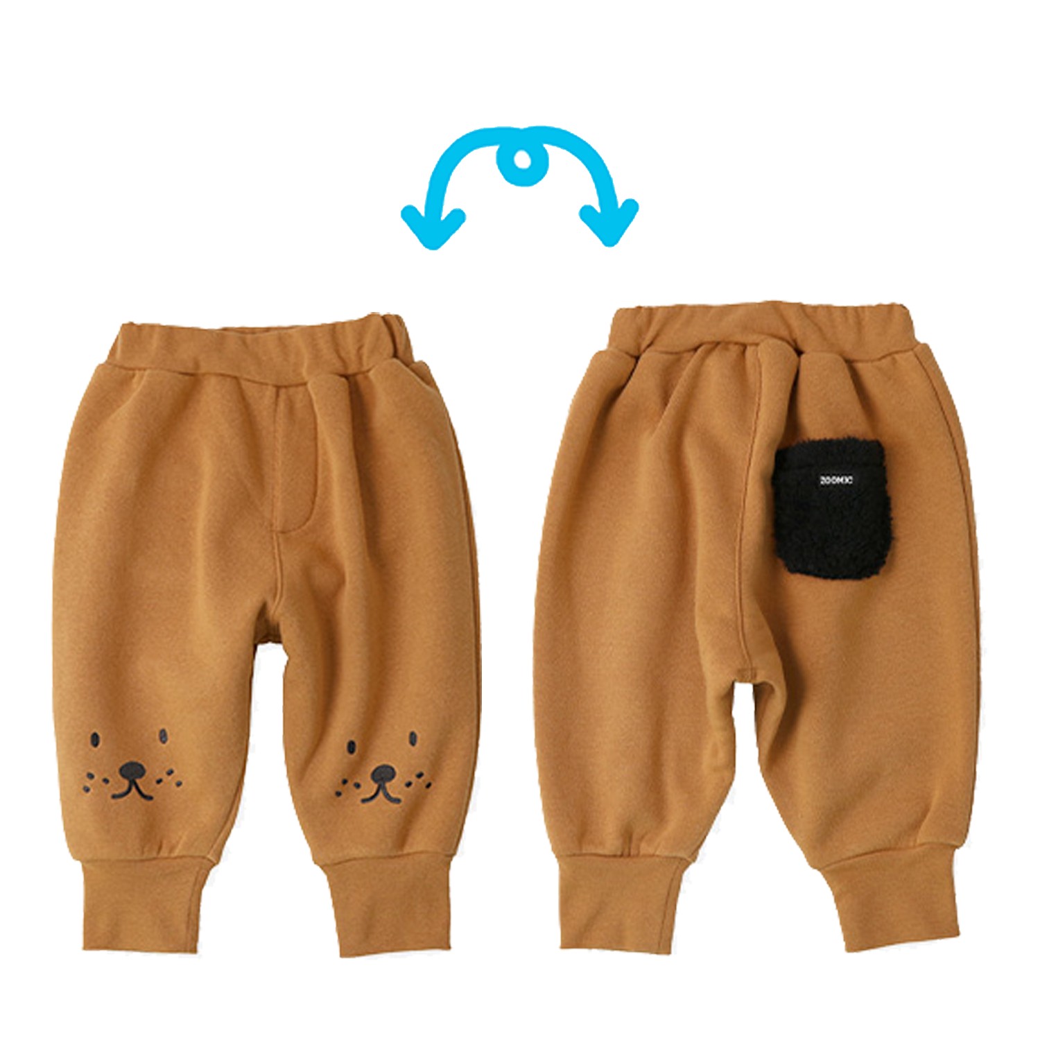 日本超人氣 ZOOLAND 童裝連線。90-130 cm 尺寸。可愛狗狗臉，可愛俏皮。褲管束口設計，抵擋冷風直入。裏起毛材質，保暖舒適;別再跟編媽說男寶衣服好難買啦ＸＤ 這次就帶來超多媽咪敲碗的 日本