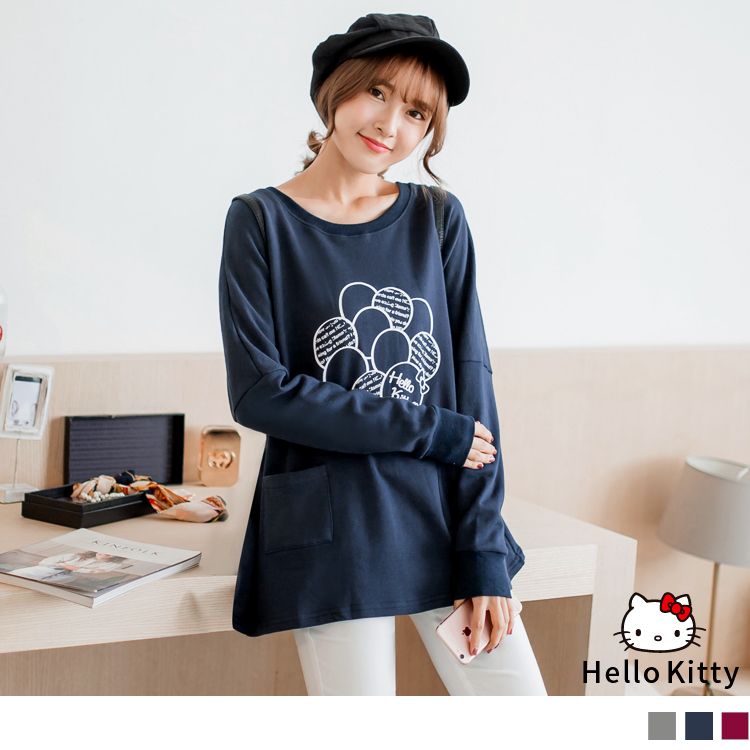 氣球串檔住KT可愛的大臉，一起找出KT究竟躲到那去了！ 微寬鬆版型加上落肩設計穿出隨性又自在的風格， ************************** 小提醒: 深色衣物請與淺色衣物分開洗滌 燙印