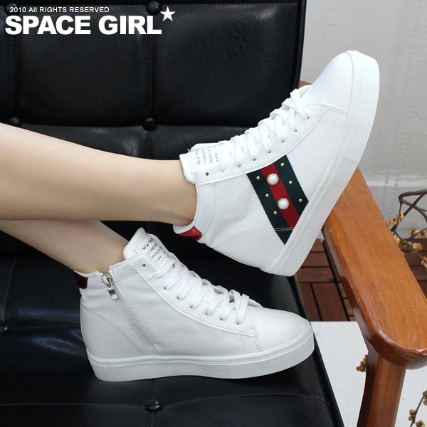 [Space Girl] 內增高配色線條珍珠綁帶休閒鞋