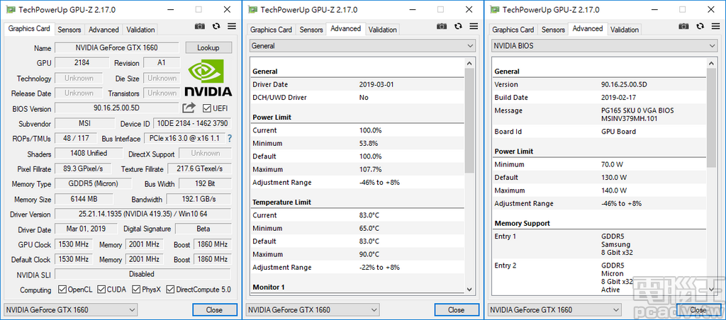 使用 GPU-Z 檢測，GeForce GTX 1660 Gaming X 6G 的 Power Limit 和 Temperature Limit 分別為 130W 和 83℃，使用者調整範圍分別為 -46％～8％、-22％～8％