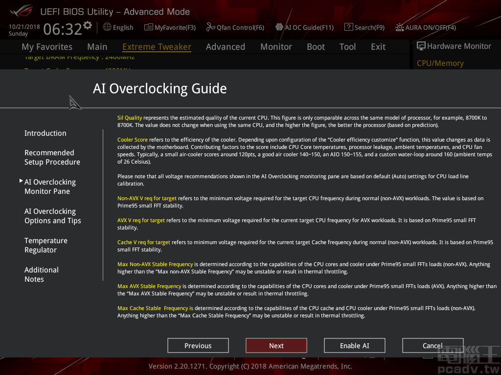 AI Overclocking 功能說明包含 UEFI 介面右下角 Prediction 數值意義