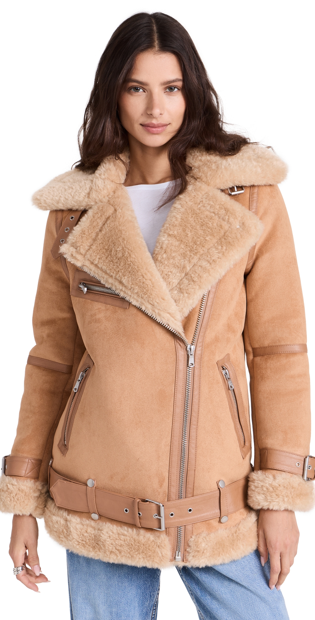 Avec Les Filles Bonded Faux Shearling Biker Jacket Toffee XXS