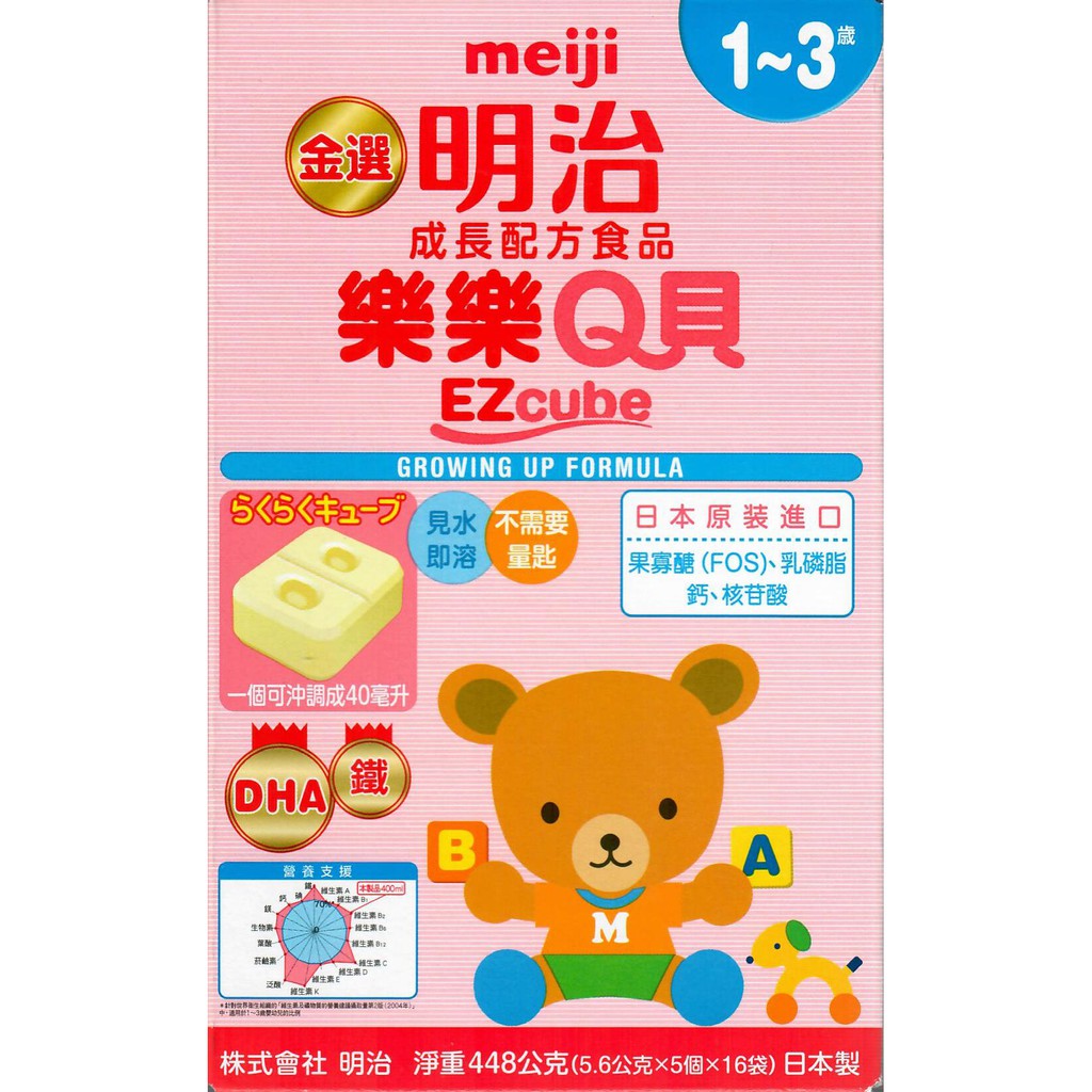 產品規格：金選明治樂樂Q貝奶粉1-3歲 (5.6g*5個*16袋)/盒劑型：塊狀貨源：公司貨產地：日本 埼玉縣保存期限：2022/01/19(紅盒)營養標示：請參考圖片成分：請參考圖片歡迎光臨福澤藥局