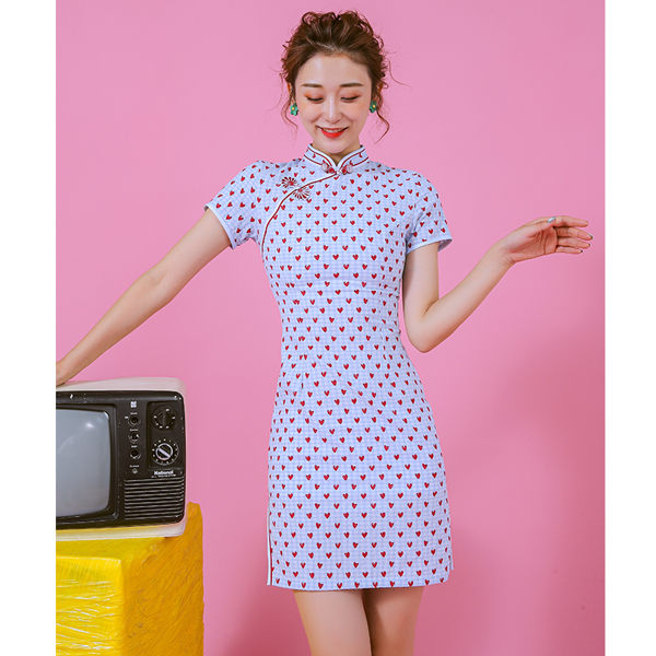 VK精品服飾 中國風旗袍改良版愛心印花修身文藝短袖洋裝
