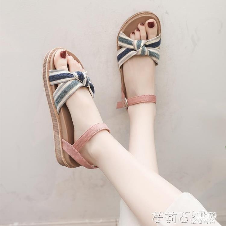羅馬涼鞋女夏新款韓版學生百搭一字帶拼色平底仙女風沙灘女鞋