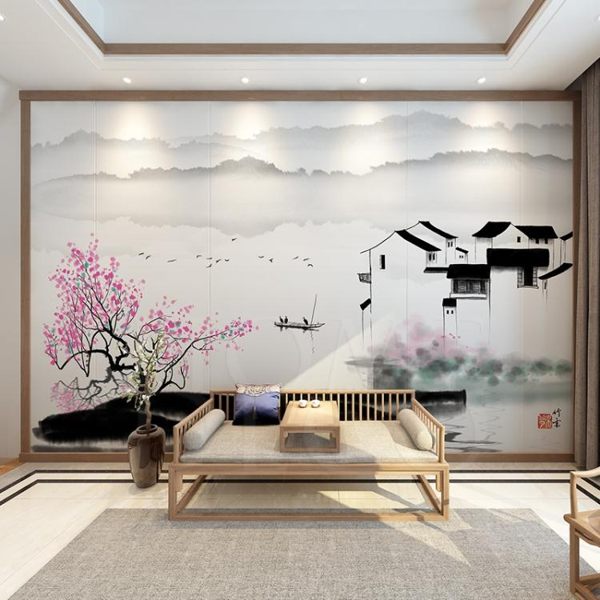 新中式墻布客廳電視背景墻壁紙水墨意境山水書房壁畫禪意沙發墻紙 後街五號