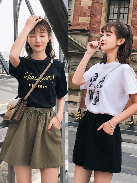 新款外穿高腰闊腿韓版顯黑色運動短褲女寬松大碼胖 伊莎公主