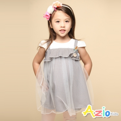 假兩件吊帶網紗細格 長版短袖傘擺上衣