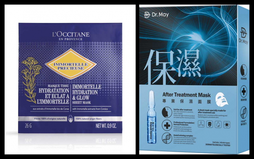 L'OCCITANE 蠟菊精華瞬效修護面膜 4片／1,520(限量)；)Dr.May美博士專業分子精油保濕面膜 4片／399元(4片盒) （圖／品牌提供）