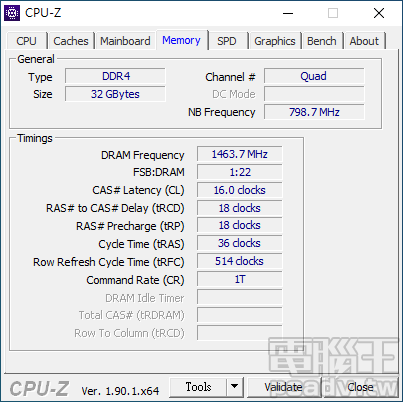 將記憶體等效時脈設定於 DDR4-2933 時，Prime X299 Edition 30 主機板自行選擇 16-18-18-36 時序。