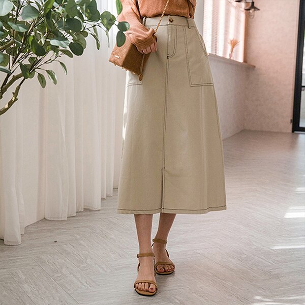 ★限時下殺$450★MIUSTAR 前開衩鬆緊車線大口袋斜紋棉麻長裙(共3色)0129預購【NH0352】