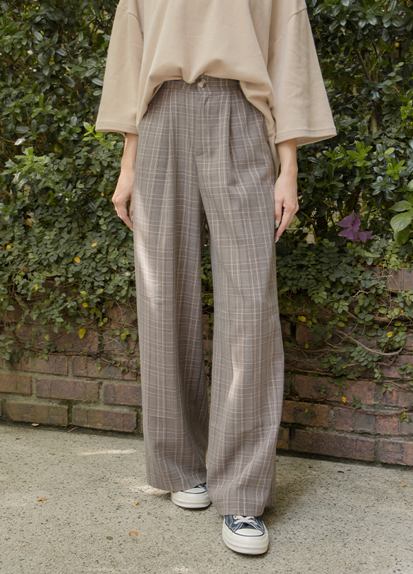 韓妞格紋落地褲