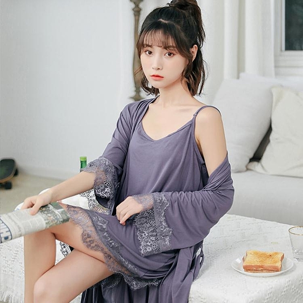 睡衣女夏季性感蕾絲長款浴袍女士睡袍套裝吊帶睡裙兩件套春秋薄款
