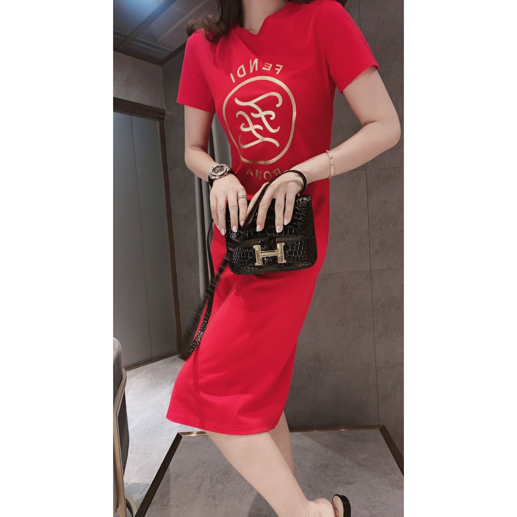 【台灣熱銷】[世界名品秀]2020新款 芬迪高檔莎感面料女裝連衣裙 氣質修身長裙 黑色 紅色 高級面料連衣裙