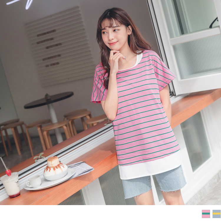 採用高含棉的面料， 使肌膚舒適乾爽一整天~ 假兩件剪裁設計打造層次感的休閒穿著， 馬卡龍色調的條紋配色展現青春迷人的女孩氣息~ ************** 小提醒： 深色衣物建議單獨洗滌，以翻面手洗
