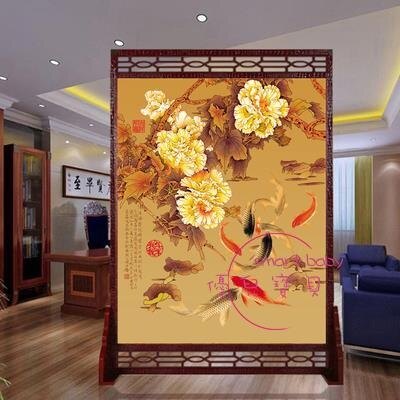 屏風現代中式仿古屏風隔斷玄關客廳實木屏風山水九魚圖簍空座屏【顧家家】