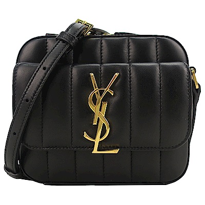 YSL VICKY系列LOGO前翻蓋小羊皮方形迷你斜背包(黑)