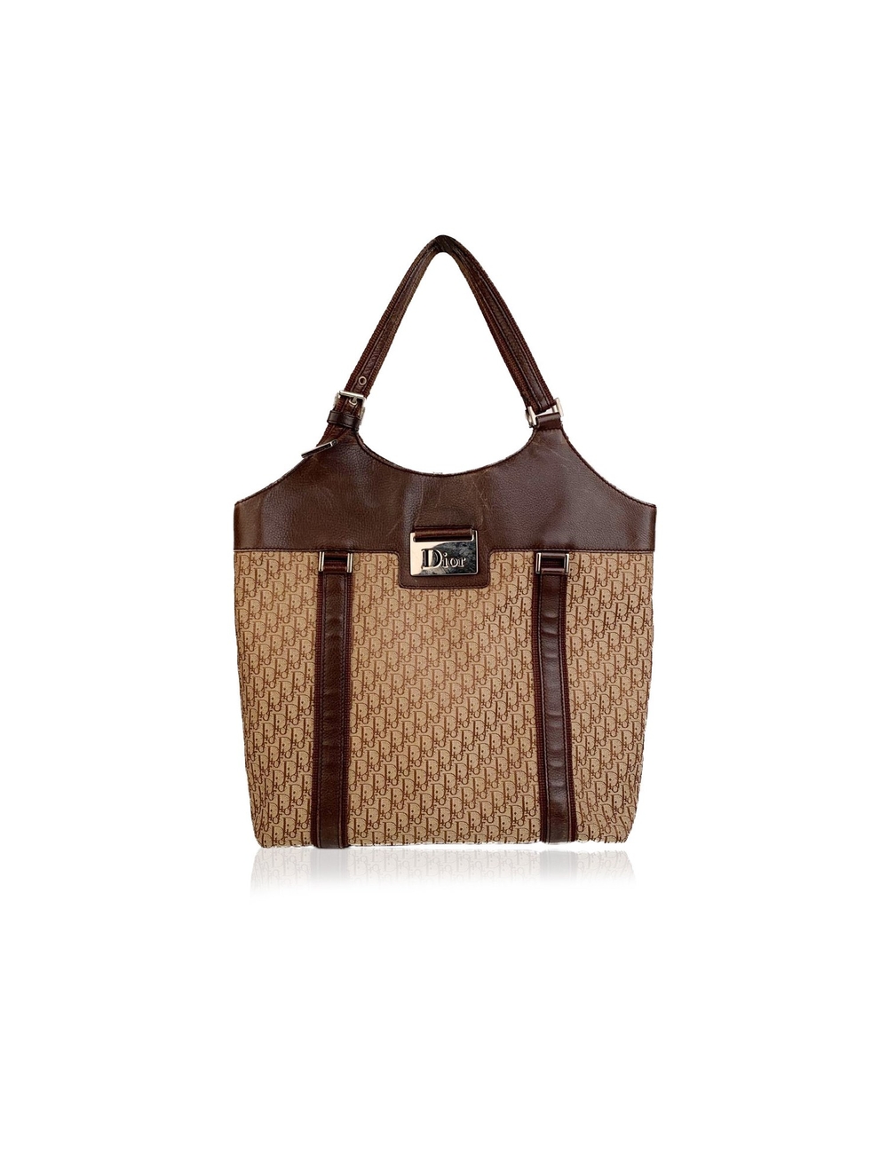 CHRISTIAN DIOR tote bag crafted in brown monogram 'Diorissimo' canvas with dark brown genuine leathe