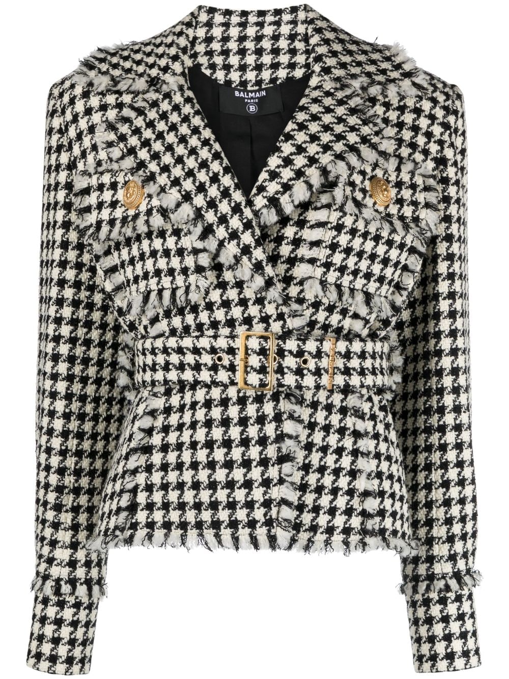 Balmain - houndstooth tweed belted jacket - women - Virgin Wool/Polyamide/Cashmere/Viscose/Metallized Polyester/Viscose/Cotton - 34 - Neutrals