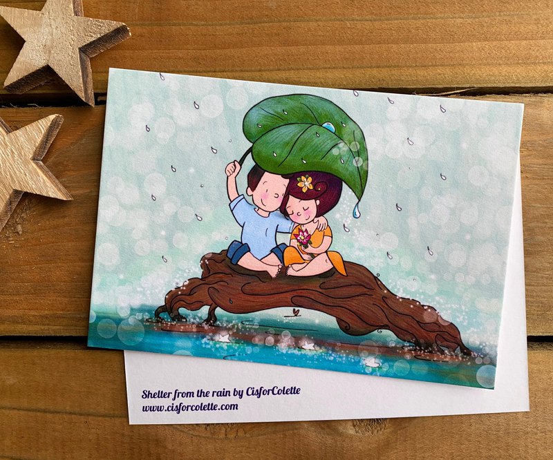 一張明信片，上面寫著我的插圖：雨中的庇護所