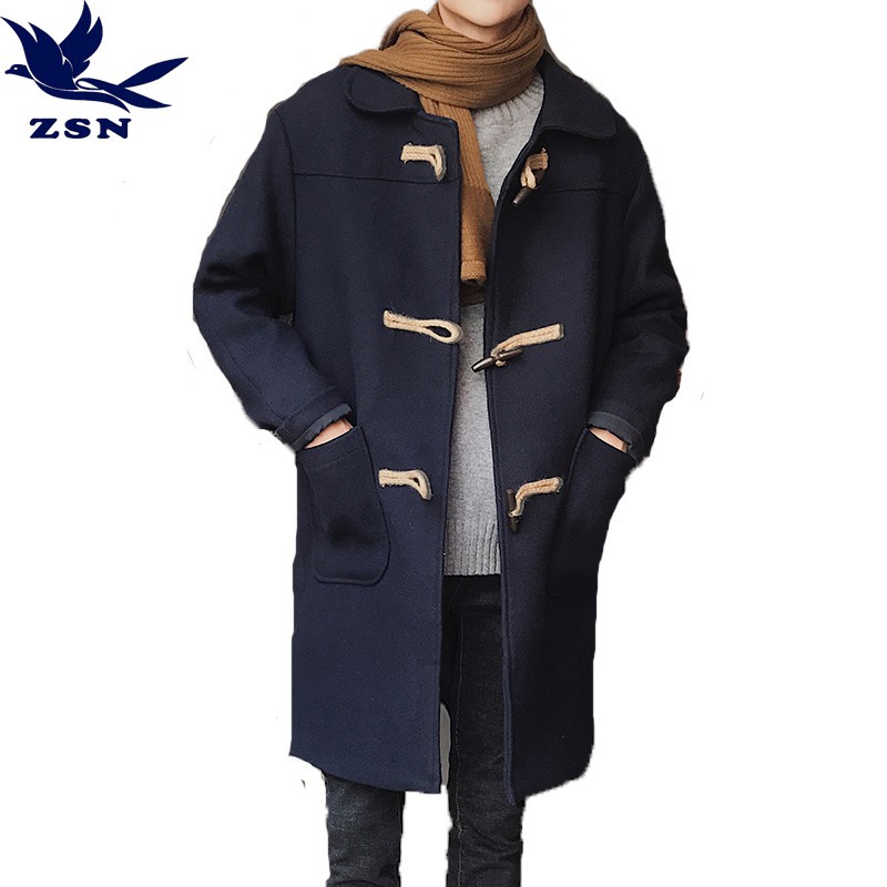 秋冬新款英倫風韓版中長款羊角扣毛呢大衣 修身時尚大衣外套 防風毛呢料外套 復古翻領風衣外套 紳士學院風青年長版外套