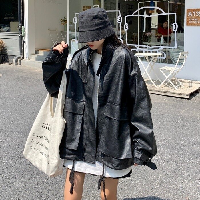 外套高級范自留早秋2020新款bf風夾克上衣寬鬆帥氣皮衣外套女