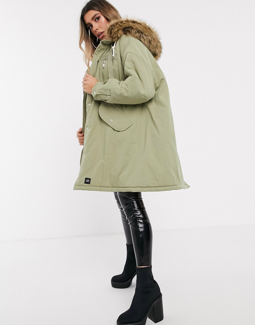 Parka by Sixth June For when you need that cold-weather comfort Drawstring hood Faux-fur trim Funnel