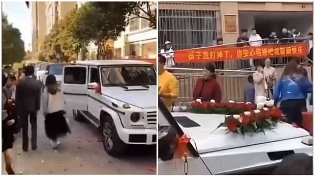 得知前男友迎娶新歡，女子在外面掛紅布條報復嗆聲。(合成圖／翻攝自YouTube)