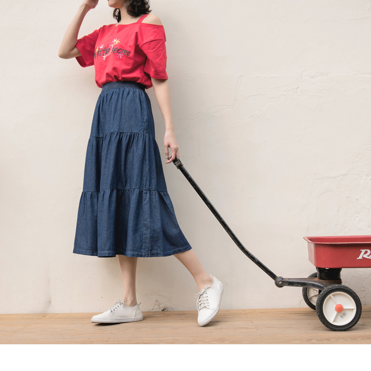 高含棉仿牛仔腰鬆緊層次蛋糕裙